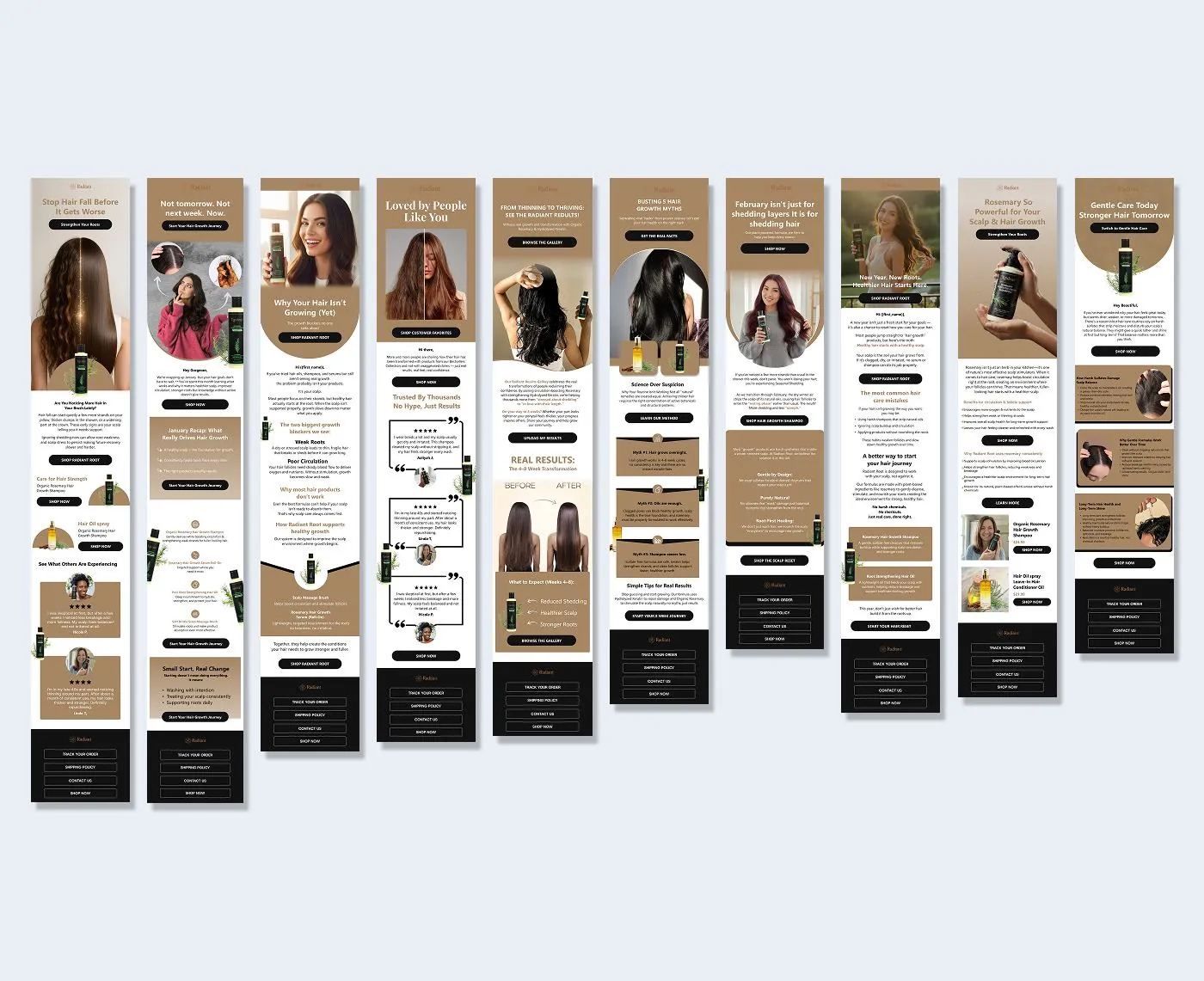 Eleven campaign email designs for Radiant