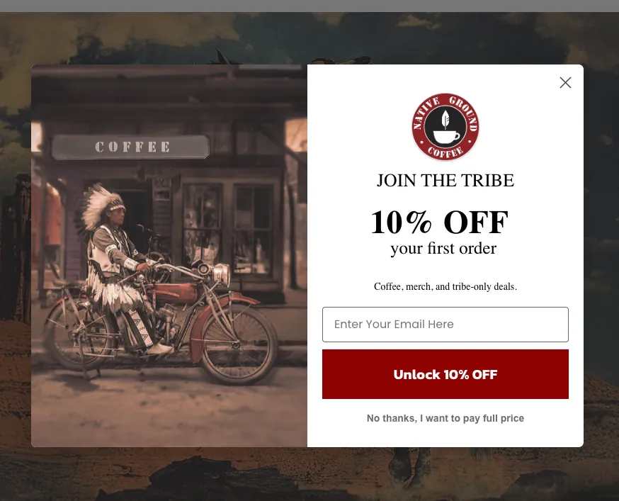 Sign up popup designed for Native Ground Coffee offering 10% off the first order