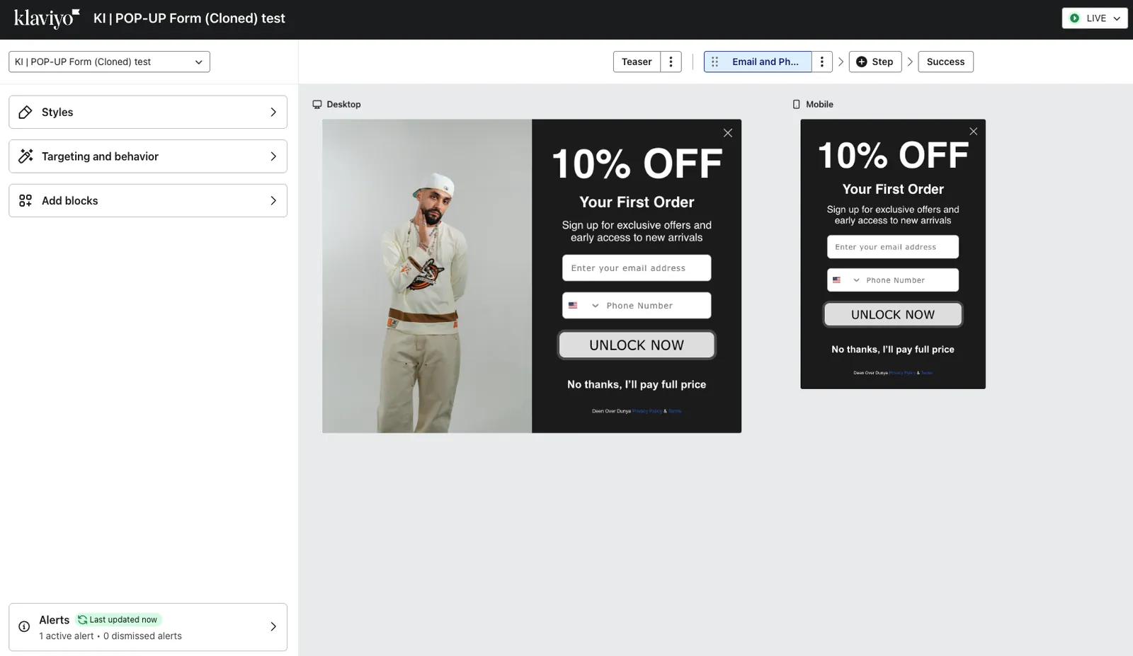 Klaviyo popup form built for Deen Over Dunya offering 10% off a first order, shown in desktop and mobile versions in the form builder