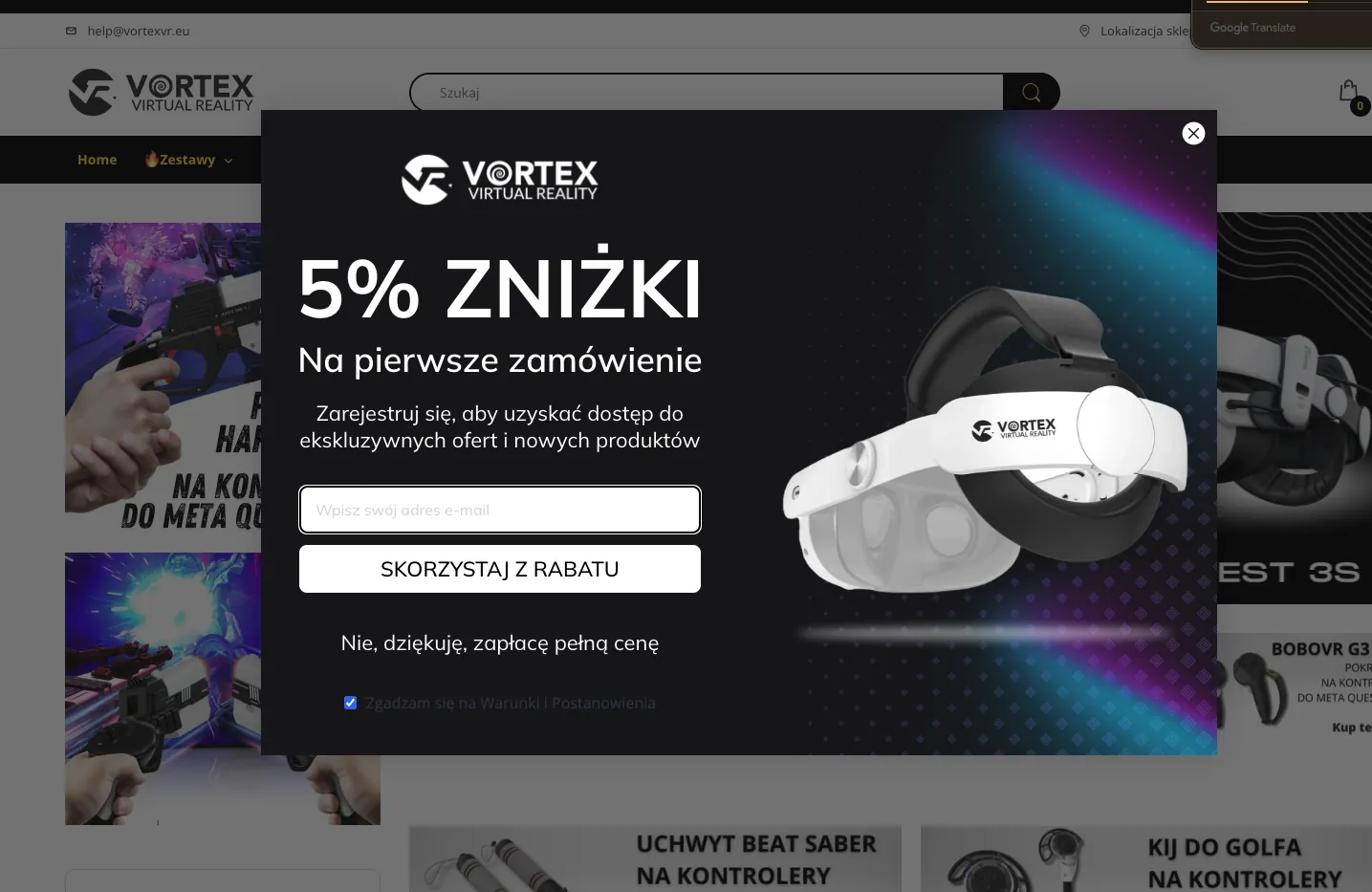 Polish language sign up popup built for a virtual reality store offering 5 percent off a first order