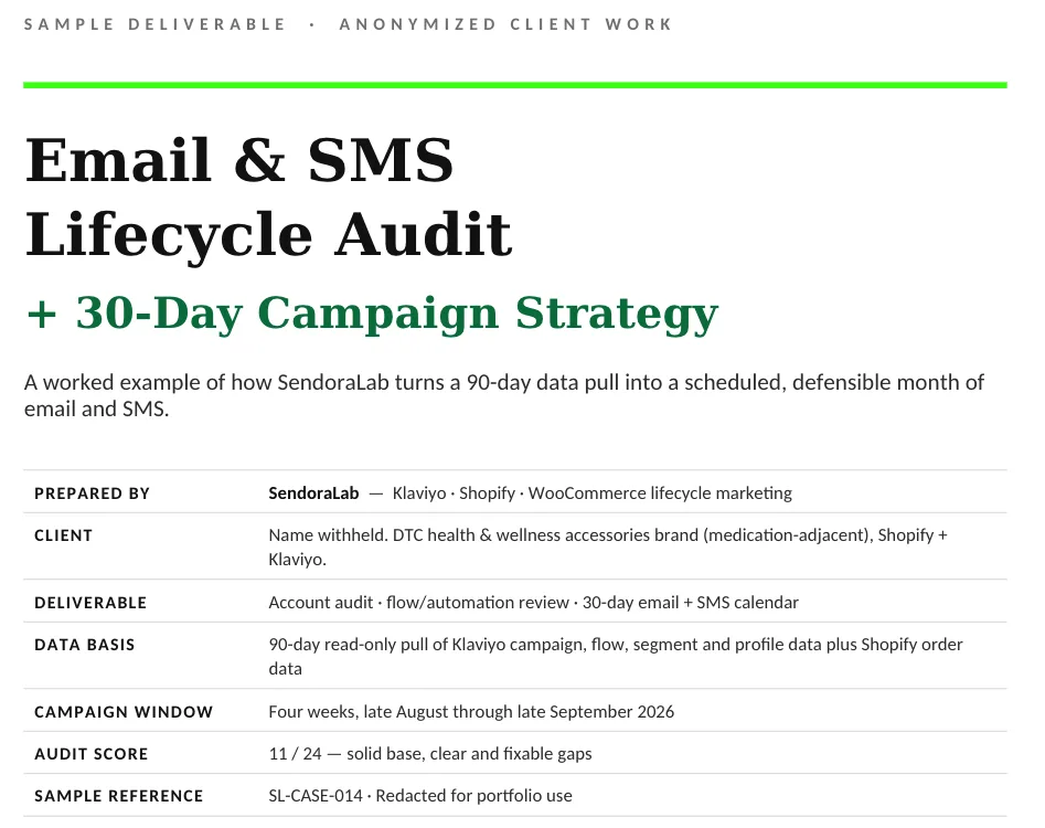 First page of a Sendora email and SMS lifecycle audit with a 30 day campaign strategy, client name withheld, showing deliverable, data basis, campaign window and audit score