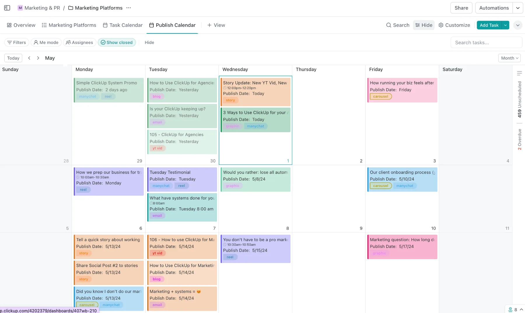 ClickUp publish calendar in month view, every send placed on its day and tagged by format, with owners and publish dates visible