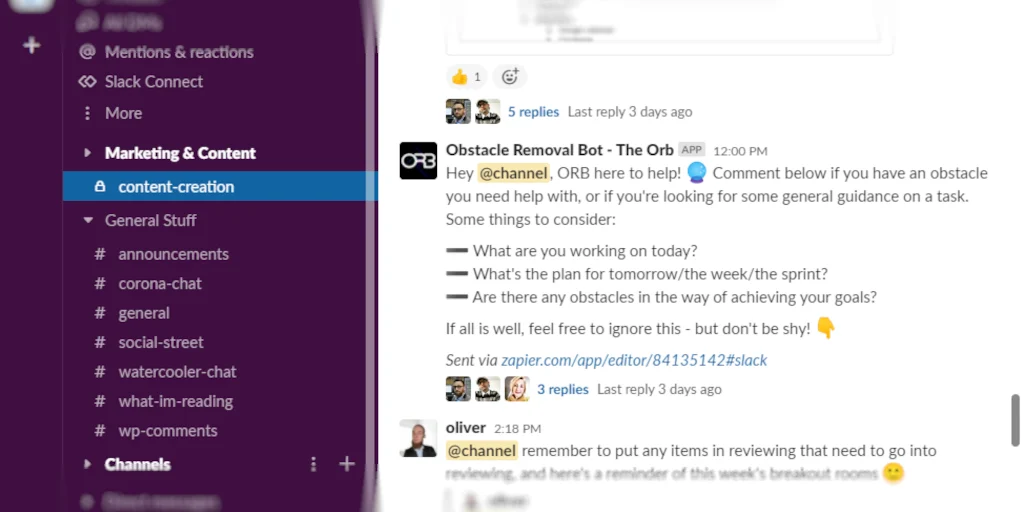 Slack channel showing a weekly update thread with replies from the working team