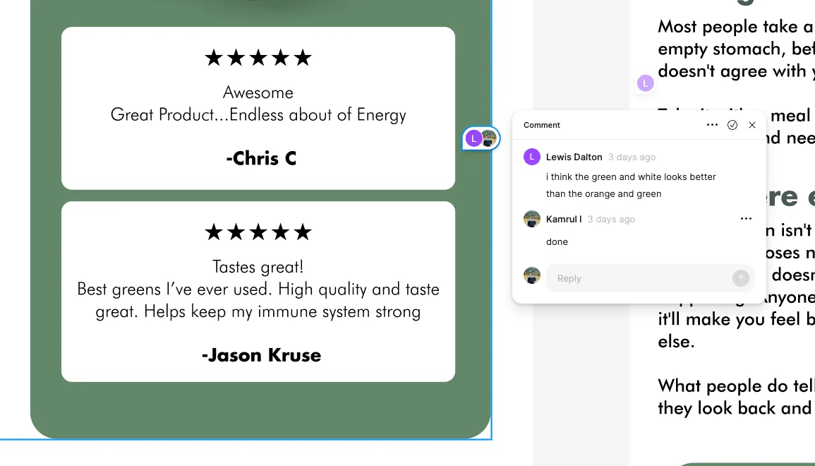 Comment thread pinned to an email design on the strategy board: the client asks for green and white instead of orange and green, Kamrul replies done